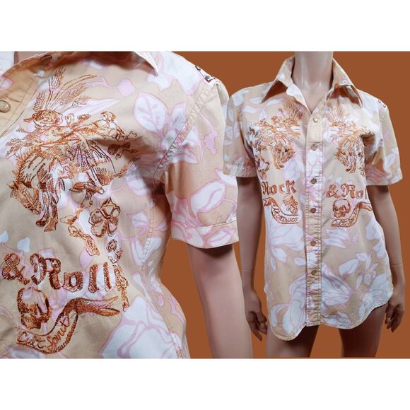 Y2K Parasuco Shirt Western Pearl Snap Size M Embroidered Skull Rock N Roll - Picture 1 of 14